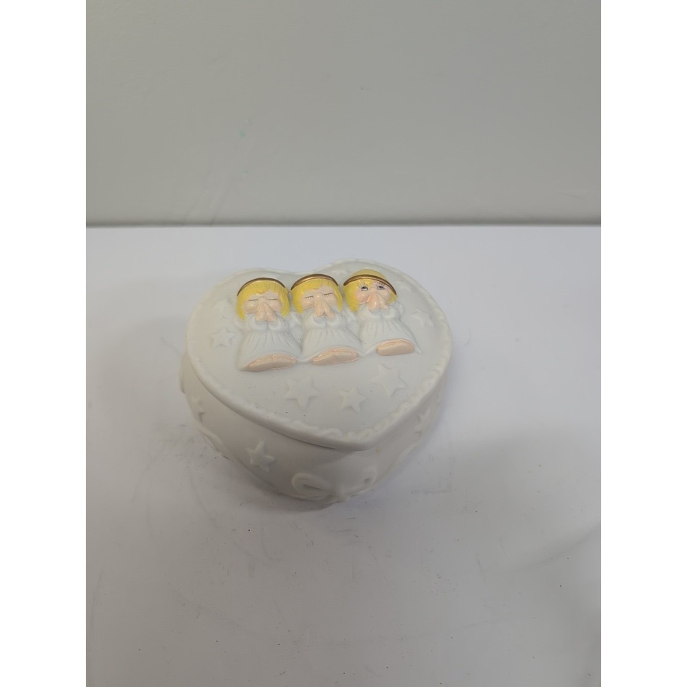 Heart-Shaped Ceramic Box with Three Praying Angels Figurine